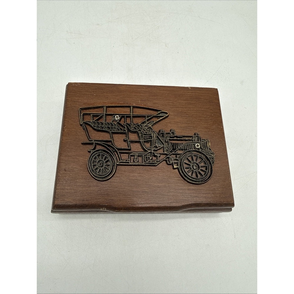 intage Wooden Raised Brass Bronze Tone Ford Model T Jewelry Box
